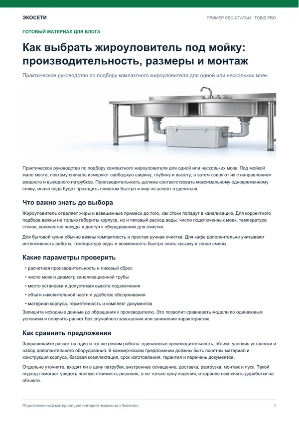 Первая страница PDF-примера SEO-статьи для магазина Экосети
