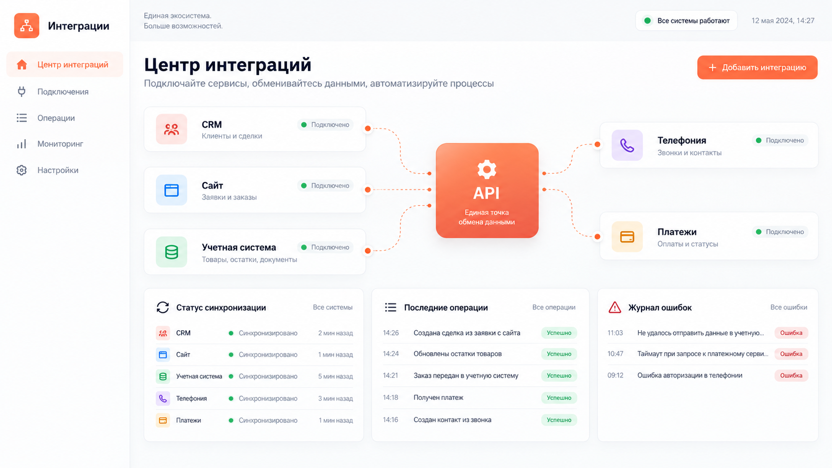 Центр интеграций CRM, сайта, учета и платежей